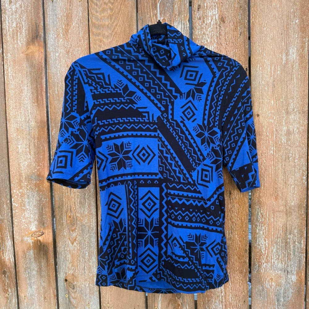 LRL Women’s Blue Black Fair Isle Stretch Jersey Turtleneck Short Sleeve Shirt M